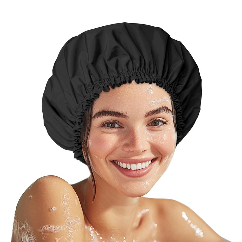 Shower Cap for Women, Double-Layer Waterproof Bath Cap, Reusable Hair Protector, TPU Coated Elastic Bathing Cap for Women & Men