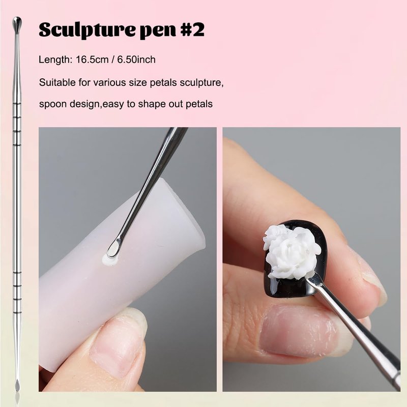 Fcozpjk Nail Art Sculpture Pen, 3PCS Double-head Stainless Steel 3D Gel Art Sculpting Pens Dotting Tools Acrylic Powder Flower Design Carving Modeling for Builder Gel Chrome Powder Applicator Manicure