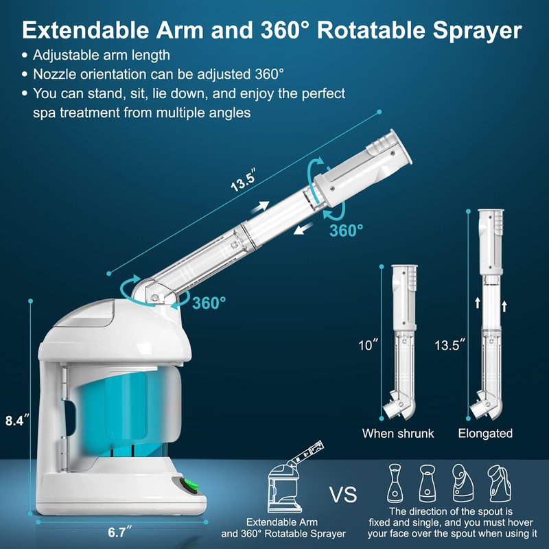 DENFANY Hair Steamer Facial Steamer 2 in 1 – Nano Ionic Steam for Deep Hydration, Adjustable Arm, Easy-Clean Wide Mouth Tank, Home & Salon Use