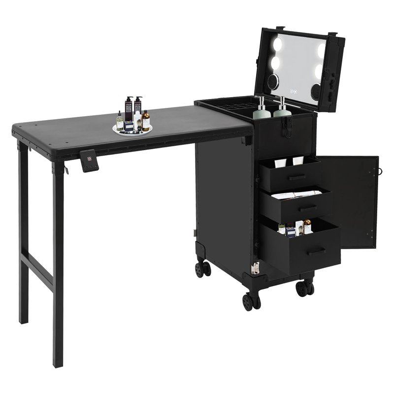FuoiDuu Rolling Manicure Table with 3 Drawers, Portable Makeup Train Case with Foldable Desk, Lockable Nail Desk with Lightening HD Glass Mirror for Hairdressers, Beauticians (Black)