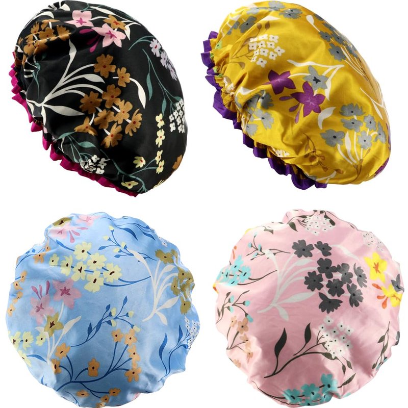 4 Pcs Reusable Waterproof Shower Hat with PEVA Lining Double Layers Elastic Satin Large Shower Caps Washable Shower Hats for Girls Women Long Hair All Hair Lengths