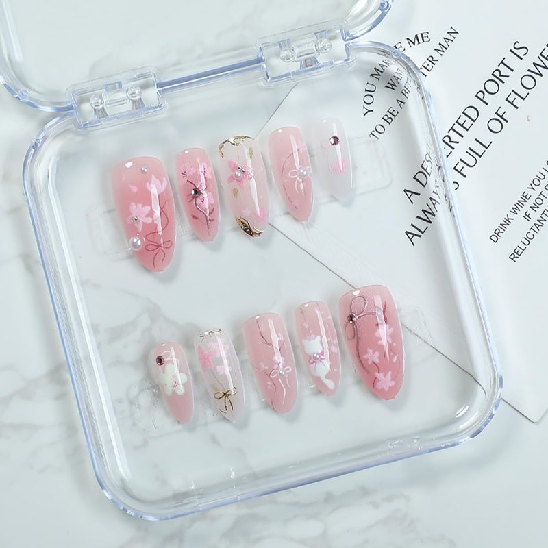 Pink Flower Press-On Nails - 30 Pcs Medium Almond with 3D Rhinestones & Gold Glitter | Spring Cat Design