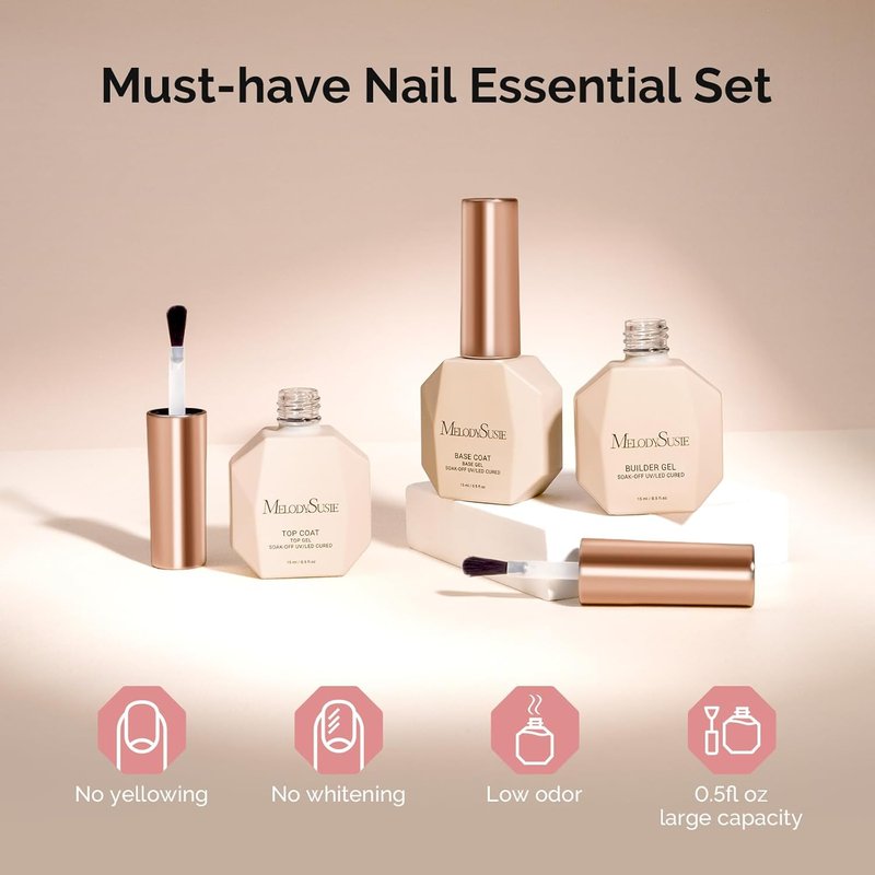 MelodySusie Builder Gel Set - No Wipe Glossy Finish, Long-Lasting Shine | 3 Pcs 15ml Clear for Nail Art & Manicure