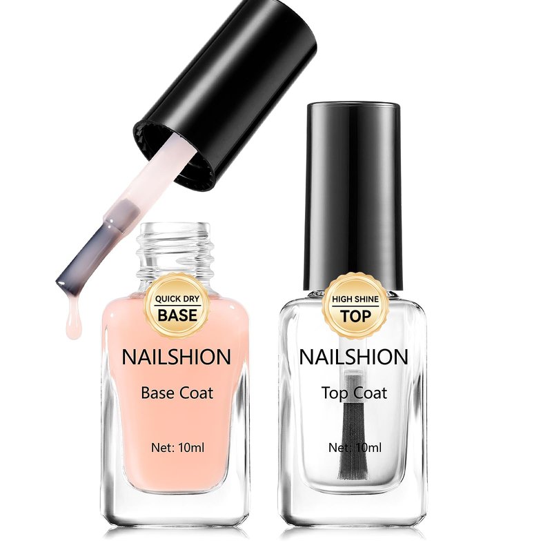 Nailshion Sheer Nude Base Coat and Clear Top Coat Nail Polish Anti Chip Ridge Filler Strengthening, Non Gel, Rich in Castor Oil & Calcium, Salon Quality, Vegan, Quick Dry High Glossy DIY Nail Art Gift