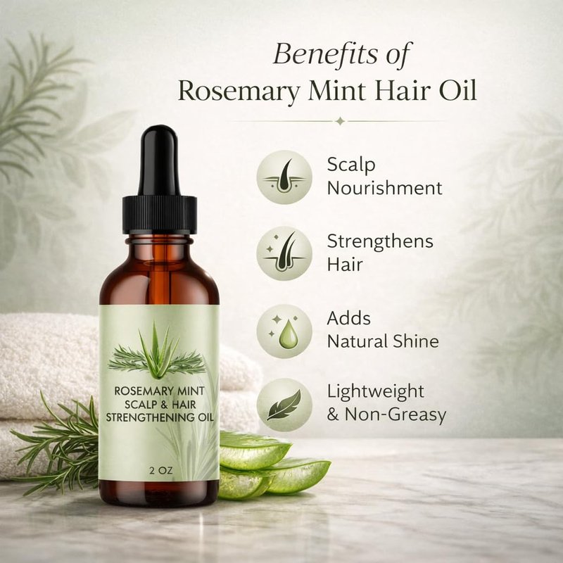 Rosemary Mint Scented Hair and Scalp Oil, 2 oz Lightweight Styling Oil for Daily Hair Care, Smooth Texture Leave-In Oil for All Hair Types