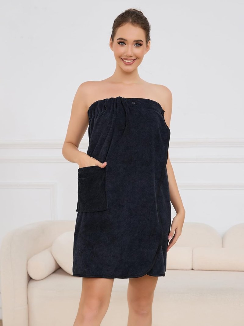 Air Curvey Women's Soft Wrap Towel Shower Wrap Robe Lightweight Spa Body Wrap Adjustable Closure Bathrobe With Pocket