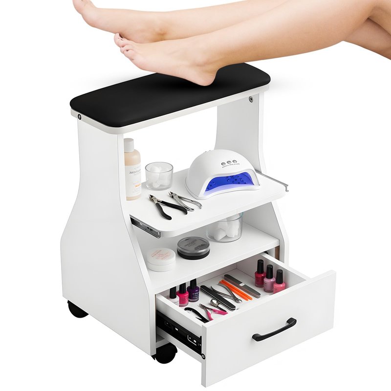 Geelin Portable Pedicure Foot Rest Stool with 4 Locking Wheel, Mobile Foot Bath Spa Trolley Cart for Nail Techs & Home Salon, Comfortable Footrest, Black