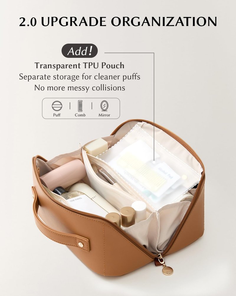 EACHY Travel Makeup Bag, 2.0 Cosmetic Bag for Women, Waterproof PU Leather,Flat Open Portable Toiletry Bag for Skincare, Brushes & Travel Essentials