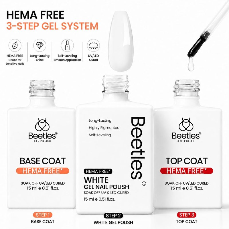 Beetles HEMA Free Gel Polish Set 15ml, White Gel Nail Polish with Gel Base and Top Coat, UV LED Soak Off Gel Polish Kit for Sensitive Nails, DIY French Tip Manicure