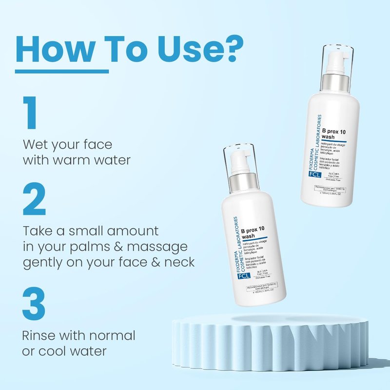 FCL 2% Benzoyl Peroxide Face Wash, B-Prox 10 Face Wash for Acne Exfoliate Blackheads Controls Oil Production, Soap free Non-Drying, Non-comedogenic Cleanser - 3.38 FL Oz