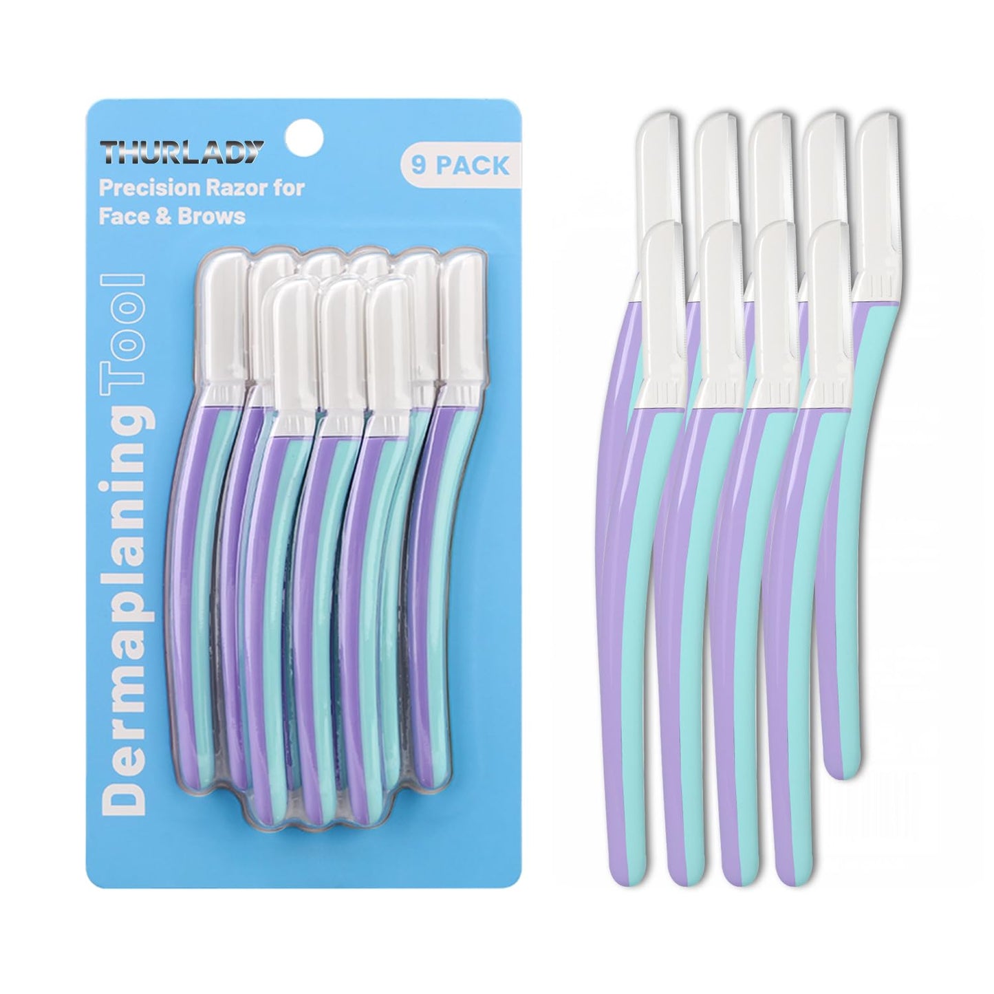 THURLADY Dermaplane Razor for Women Face, Eyebrow Razor, Face Razors for Women, Dermaplaning Tool, Travel Essentials, (9 pcs, Wisteria)