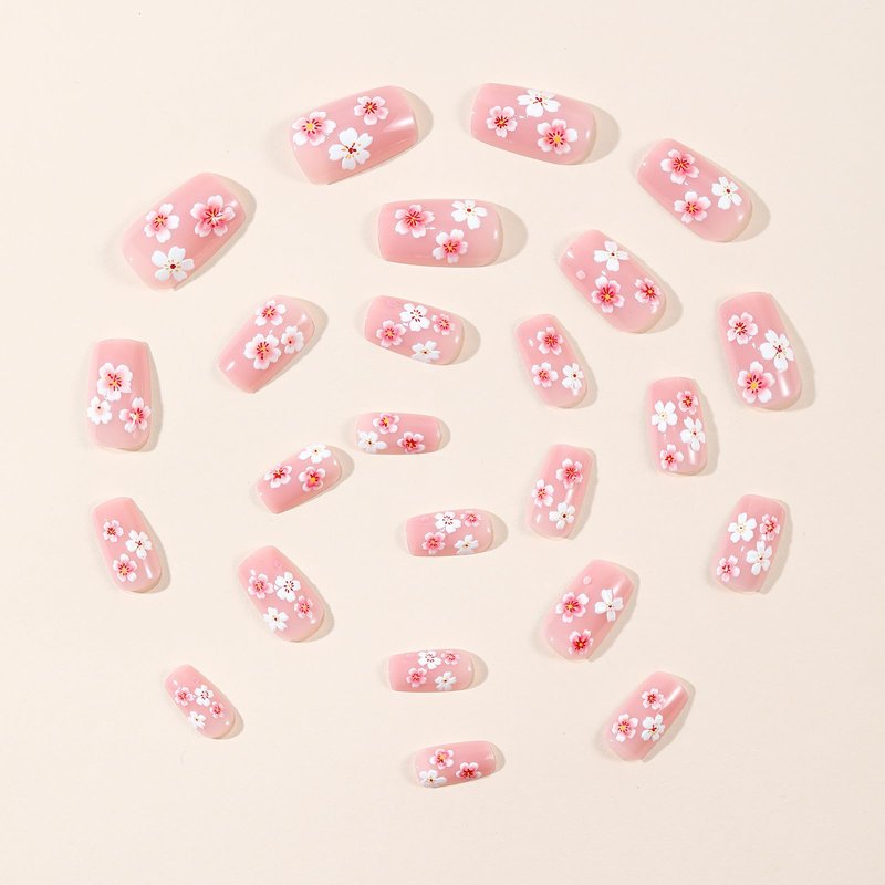 GCSQW Flower Press on Nails Medium Square Fake Nails with Cherry Blossoms Design Glossy Pink Acrylic Nails Press ons, 24Pcs Spring Summer Floral Stick on Nails for Women Daily Wear