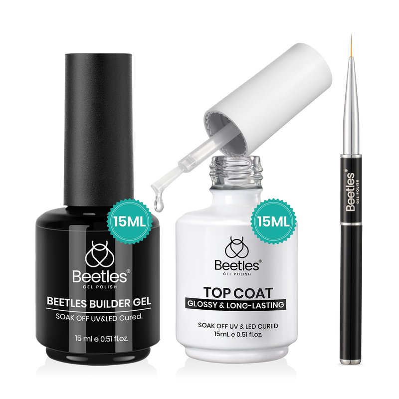Beetles Builder Gel and Extra Glossy Top Coat No Wipe for Nails with Nail Brush, 15ml Low Heat Hypoallergenic Clear 7 in 1 Builder High Shine Long Lasting Top Coat Gel Nail Polish