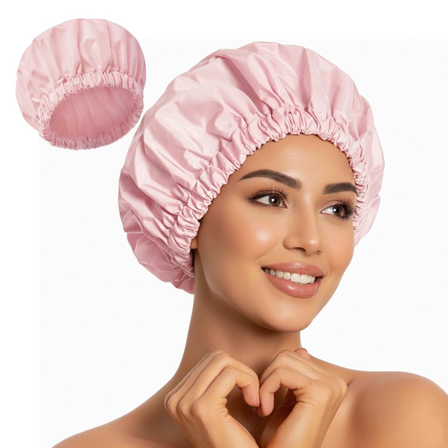 Shower Caps For Women Reusable Waterproof Double Layer Designed Large Shower Bonnet for Long Hair Washable Elastic Band Bath Reusable Pink Shower Caps Protects Hair In Shower, Spa & Travel