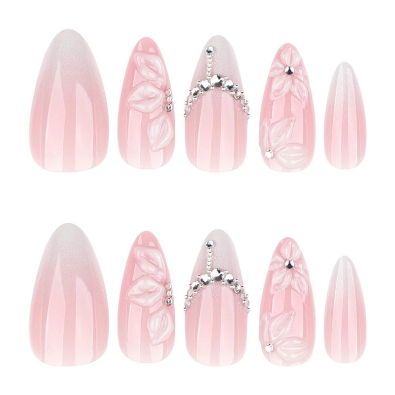 Almond Press on Nails Medium MABKJLF French Tip Fake Nails Ombre Handmade False Nails with 3D Floral Rhinestones Designs White Glossy Glue on Nail Elegant Acrylic Nails for Women Girls 24Pcs