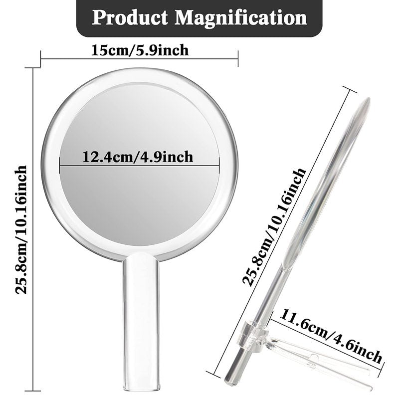 Queekay Double-Sided Handheld Mirror - 1X/10X Magnification, Adjustable Stand, Round Shape, 25.8 x 15 cm