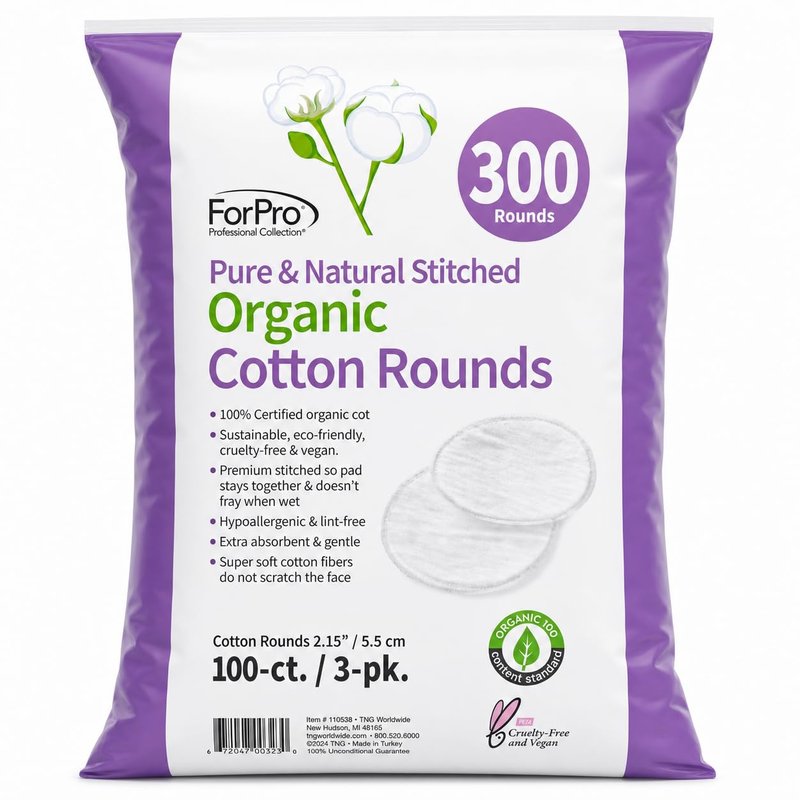 ForPro Organic Cotton Rounds - 300-Count Lint-Free Makeup Remover Pads | Hypoallergenic & Vegan Skincare