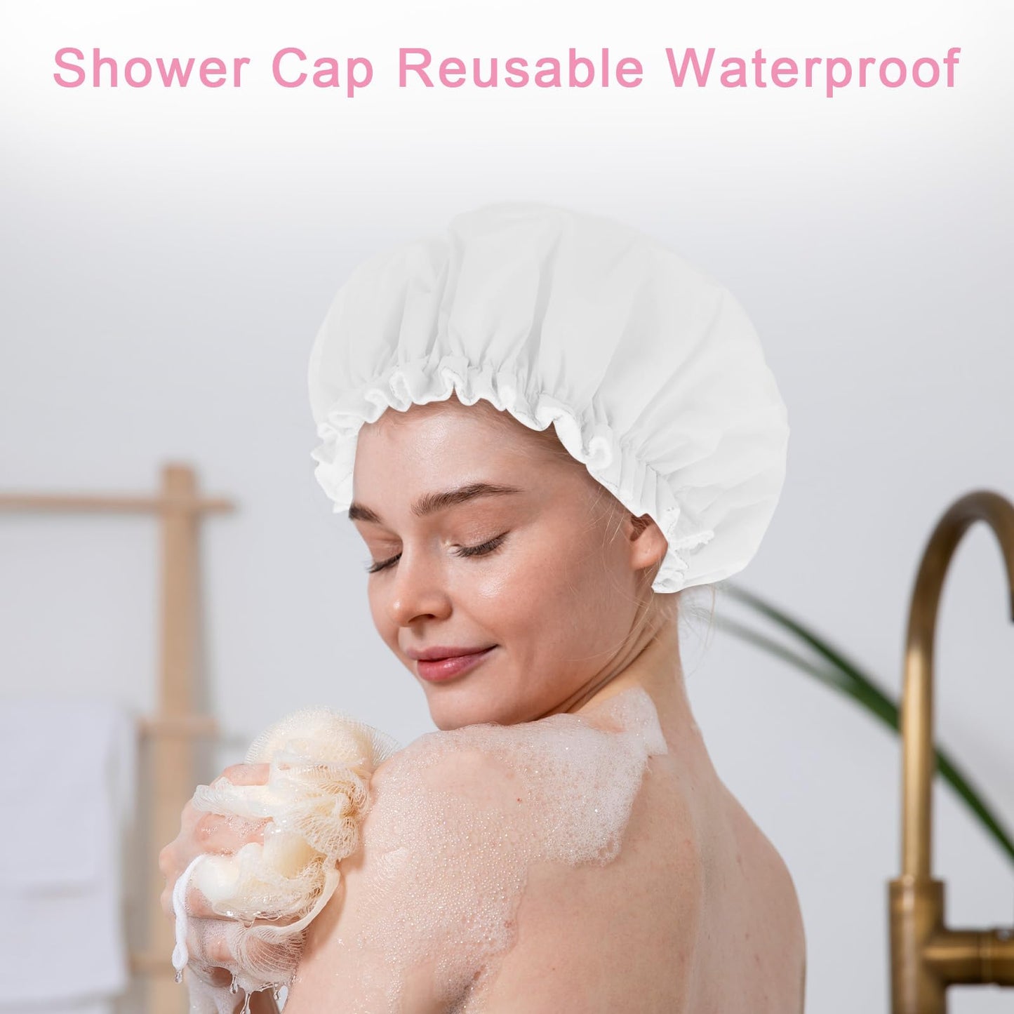 JIYIN Reusable Shower Caps for Women, Terry Cloth Lined Shower Cap Double Layer Reusable Bath Cap Waterproof Elastic Band Hair Cap for All Hair Lengths for Women Spa Home Salon Use(White)