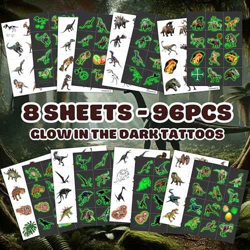 96PCS Dinosaur 3D Pre-Cut Temporary Tattoos - Stickers for Birthday Party Supplies, Decorations, and Favors - Super Cute Gifts for Kids, Boys & Girls, Classroom Prizes, and Themed (Glow in the Dark)