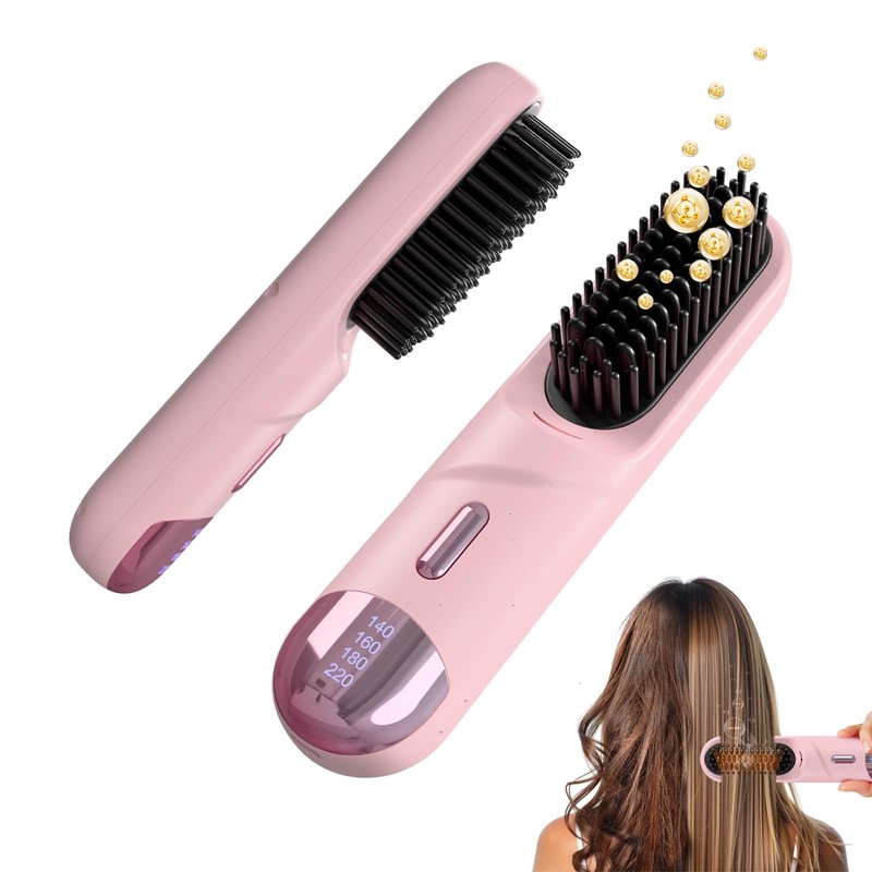 Go Brush Pro for Short Hair Hair Straightener Brush Cordless & Portable with 300M Negative Ions, 4 Temps Fast Heating, Game Day Ready Styling Tool for Watch Parties, Travel & Daily Use Nude Pink