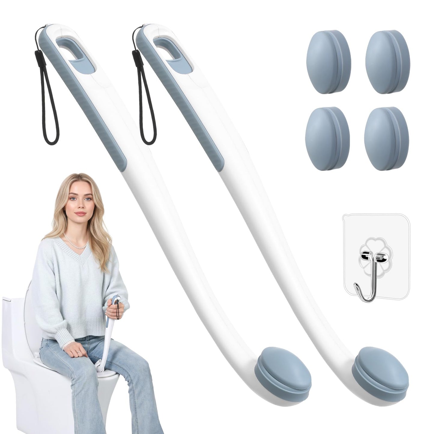 Chonario Toilet Aids for Wiping Bottom, 2-Pack - Long Reach Comfort Wipe with Replaceable Head & Strap - Bottom Buddy Wiping Aid for Elderly, Disabled & Post-Surgery