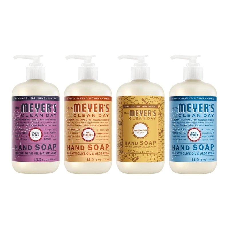 Mrs. Meyer's Clean Day Liquid Hand Soap - 4 Pack Variety (Honeycomb, Rainwater, Oat Blossom, Plumberry) | 12.5 Fl Oz Each