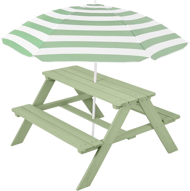 Best Choice Products Wooden Kids Picnic Table - Outdoor Activity Set with Umbrella & Built-In Benches, Sage Color
