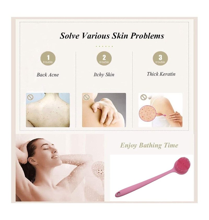 Long Handle Silicone Body Scrubber for Shower, Dual-Sided Back Scrubber Brush with Soft Bristles&Massage Nodes, Exfoliating Bath Brush for Hard to Reach Areas, Easy to Clean & Quick Dry, for Daily Use