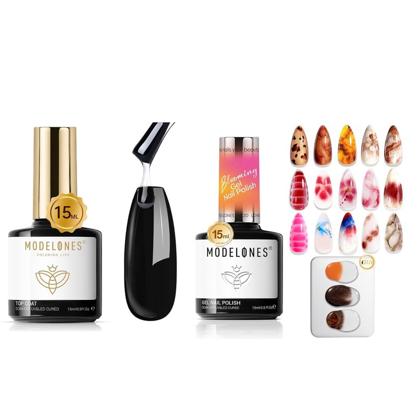 Modelones Gel Top Coat & Blooming Gel Nail Polish Set - 15ml Each | Nail Art Palette Included