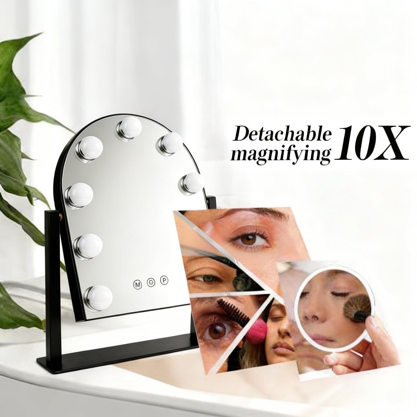 SLIMOON Arched Makeup Vanity Mirror with LED Lights Makeup Mirror Detachable 10X Magnification, Hollywood Make Up Mirror with Lighting, Smart Touch, Rechargeable,360° Rotation,Black 14.17"x 11.81"