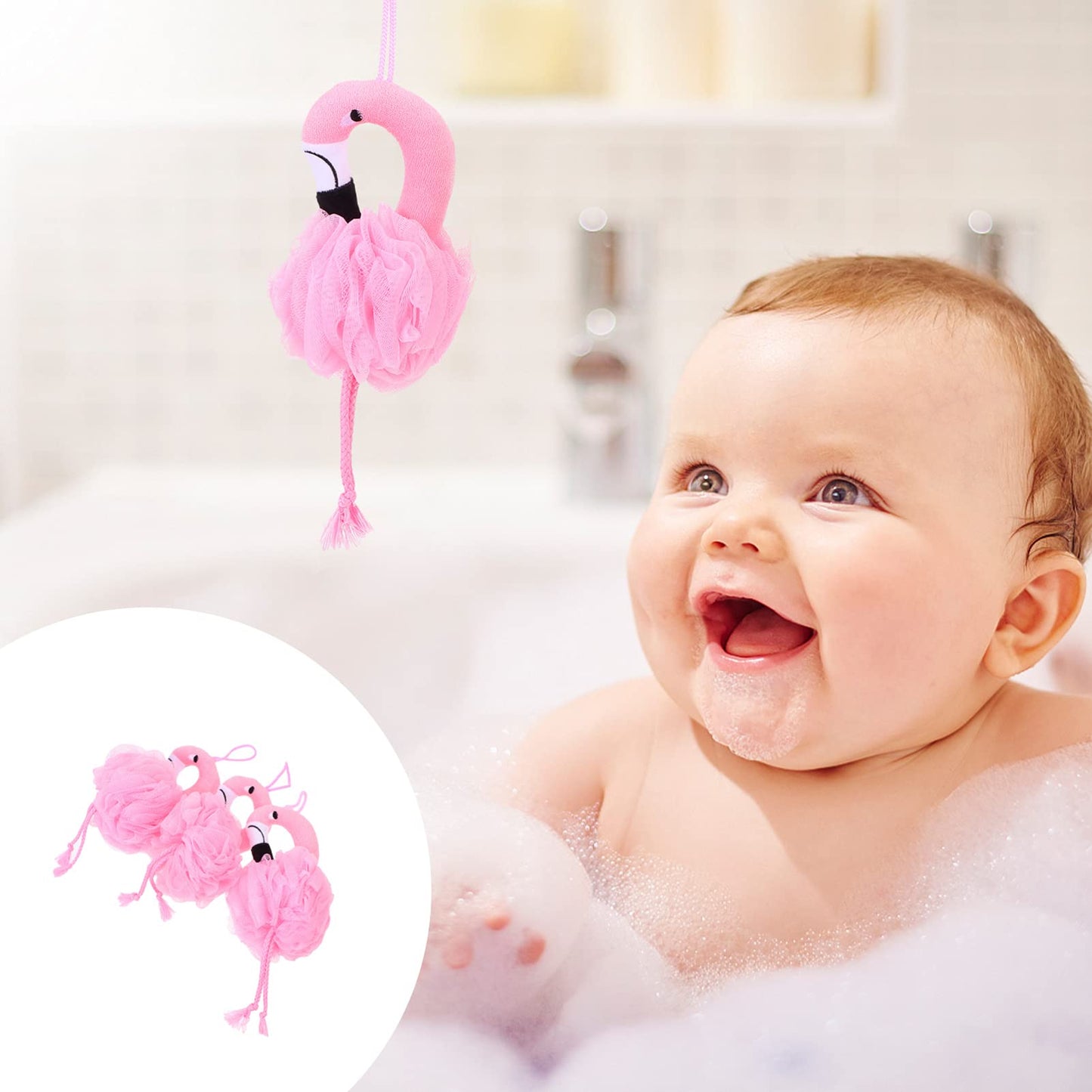 Beaupretty Flamingo Bath Balls for Kids 3-Pack Cartoon Bath Flowers Soft Shower Sponges Gentle Skin Massage Home Tool 10.23X4.72X3.54In