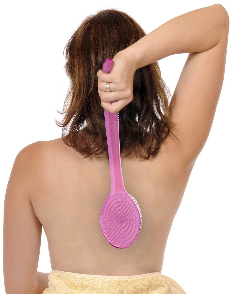 Tarrant Long-Handle Bath/Shower Body Brush and Back Scrubber with Hard Bristles for Deep Skin Cleansing and Exfoliating - Pink