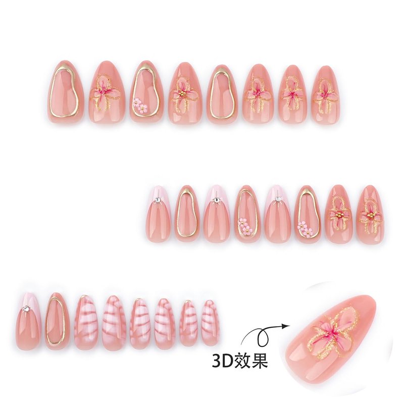 24Pcs Spring Almond Press on Nails Short French Tip Fake Nails with 3D Flower Charms Rhinestones Glue on Nails Flesh Pink False Nails Gold Line Stick on Nails Floral Stiletto Acrylic Nails for Women