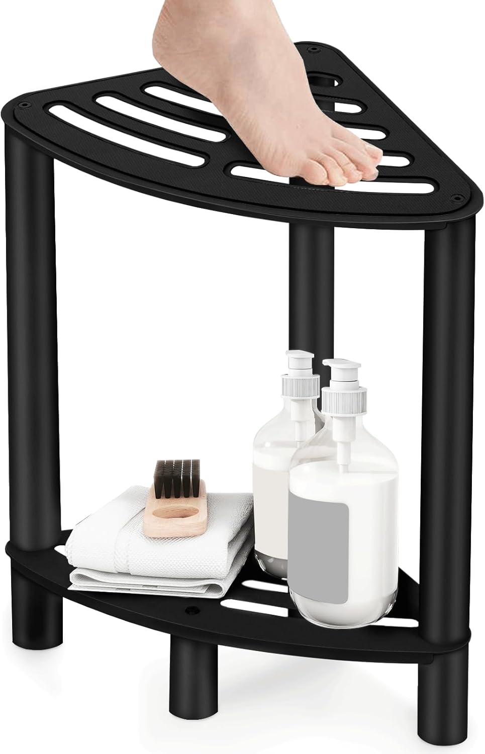 VOTZAAQ Stainless Steel Shower Stool - Double Layer Corner Bench | Matte Black Foot Rest for Small Bathrooms