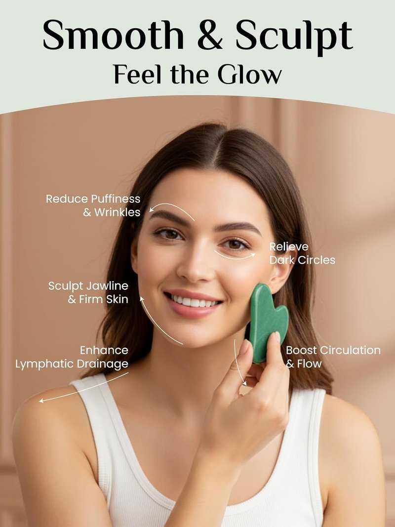 Rena Chris Gua Sha Tool - Jade Stone Facial Massager for Acupuncture Therapy | Reduces Puffiness & Sculpt Jawline (Green)