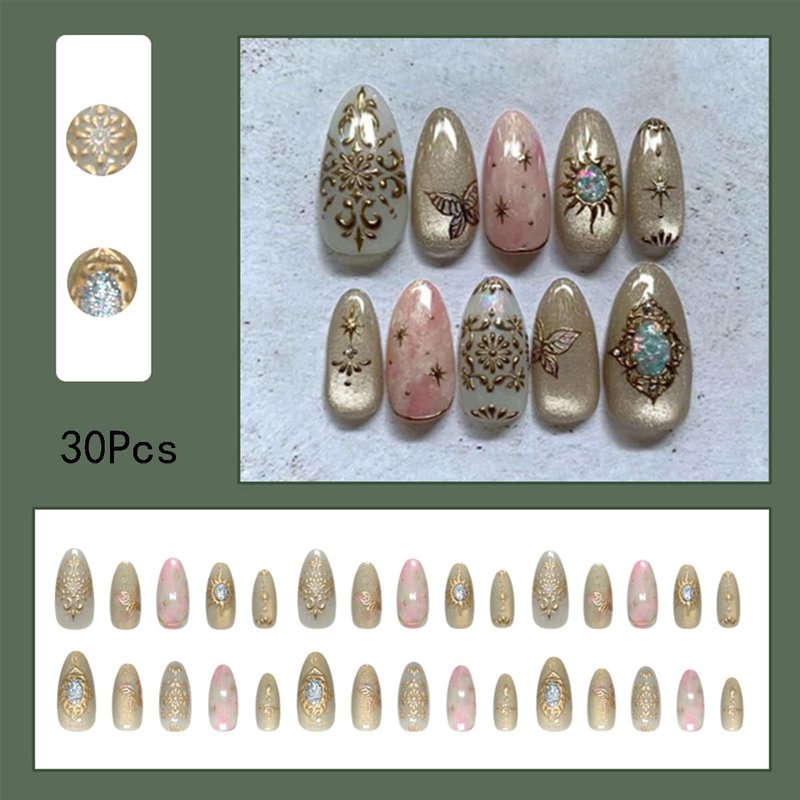 Skiennix 30Pcs Almond Press-On Nails - 3D Gold Star Design, Glossy Full Cover, Reusable & Stylish