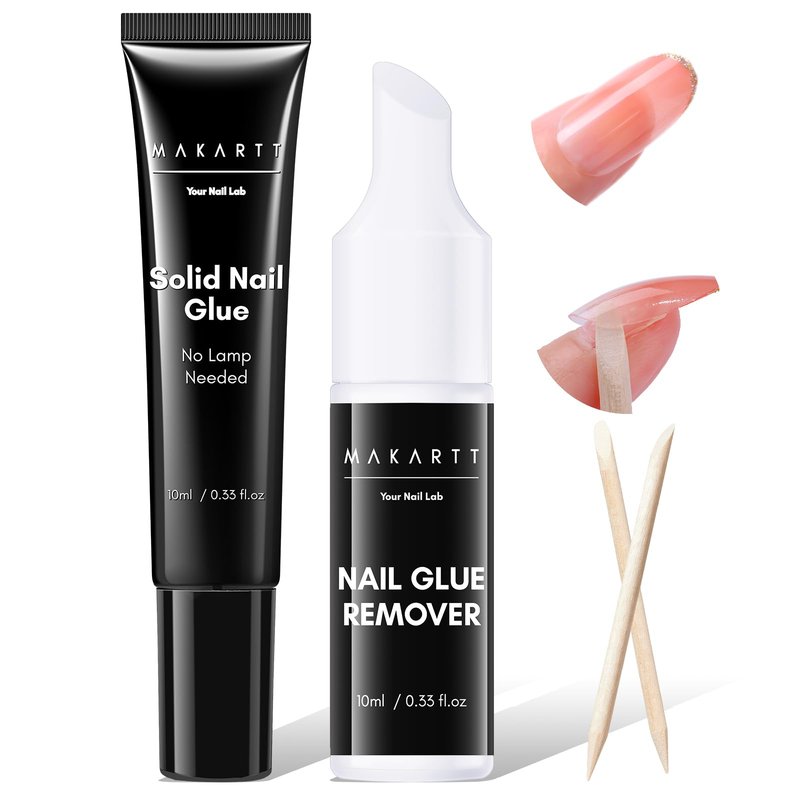 Makartt Semi Solid Nail Glue with Remover for Press on Nails Kit, No UV Lamp Needed, 20s Air Dry Adjustable for Beginners, 10ml Gentle Debonder Easy for Press-On Users At-Home Application & Removal