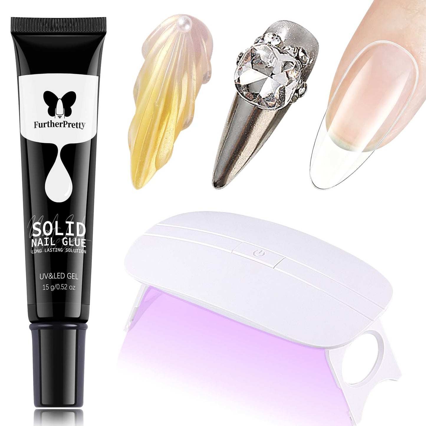 Skiennix Solid Nail Glue Gel Kit - Super Strong 15ml Adhesive with UV Lamp for Press-On Nails