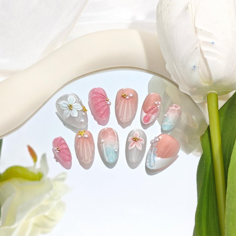 24Pcs Cute Summer Press on Nails Short Almond French Tip Fake Nails with 3D Starfish & Pearl, Glitter Ocean Acrylic Nails Pink Blue Gradient Glossy Reusable Stick On Nails for Women Beach Vacation
