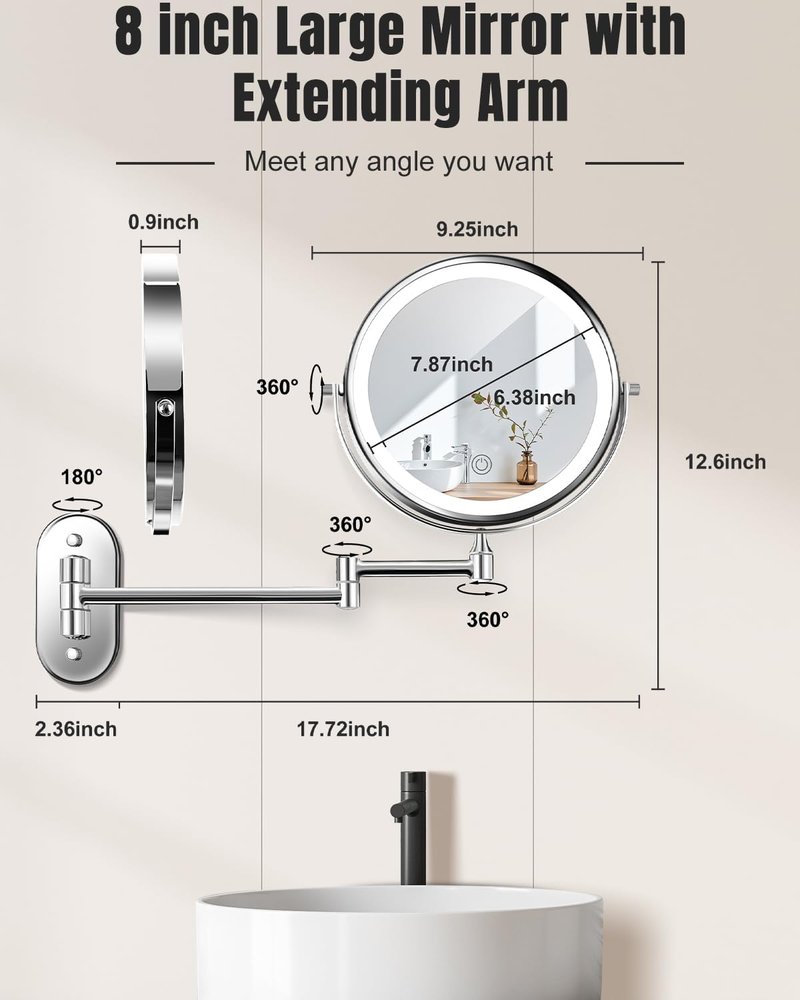 Skiennix 30X/1X Wall Mounted Makeup Mirror - 8'' Double-Sided, Rechargeable, Touch Dimmable, 360° Rotation