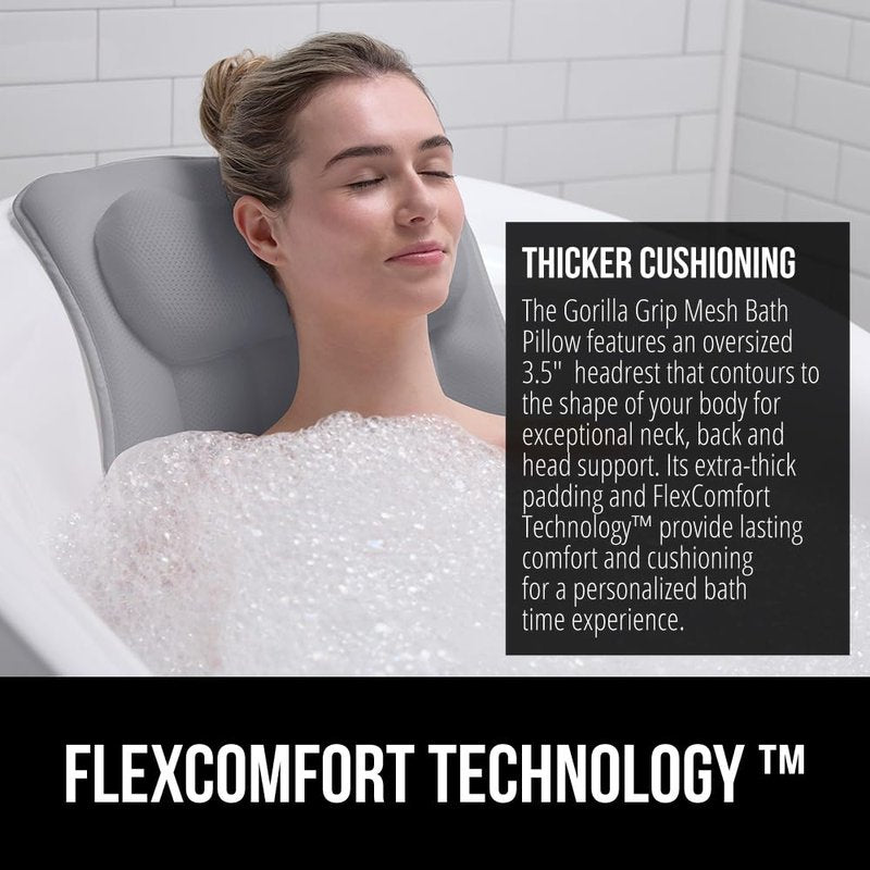 GORILLA GRIP Bath Pillow for Tub, 6 Strong Suction Cups, 4D Mesh FlexComfort Headrest for Neck, Head and Back Support, Luxury Machine Washable Pillows, Bathtub Accessories, Spa Gifts for Mom, Gray