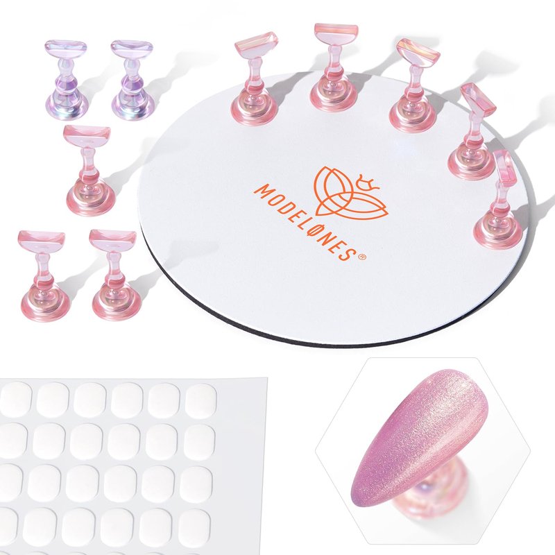 Modelones Nail Stand Set, Magnetic Aurora Pink Nail Stands for Press ons False Nail Tips Practice Acrylic Holder with 200pcs Sticky Tabs Strong Metal Base Painting Display DIY & Salon Use