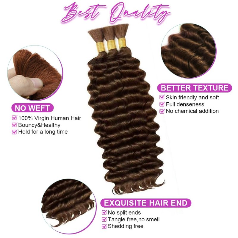 100% Human Hair Boho Braiding Hair - Deep Wave Curly Bundles for Braids | 18 Inch, #4 Natural Brown