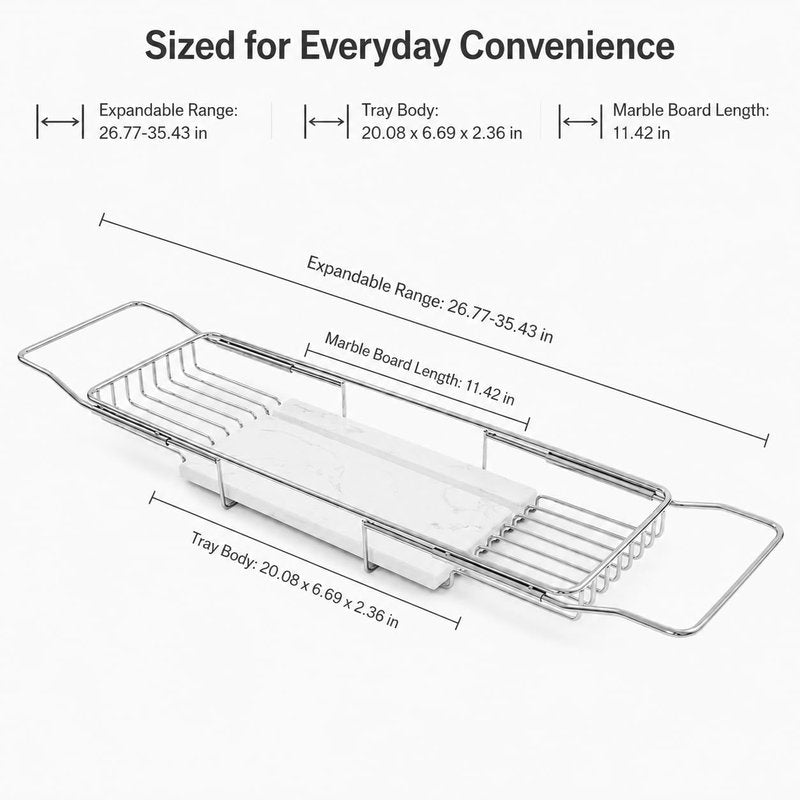 Expandable Bathtub Tray, Stainless Steel Bath Table Tray with Marble Board, Modern Luxury Bathtub Shelf for Bathrooms, Kitchen Sink (Silver+White)