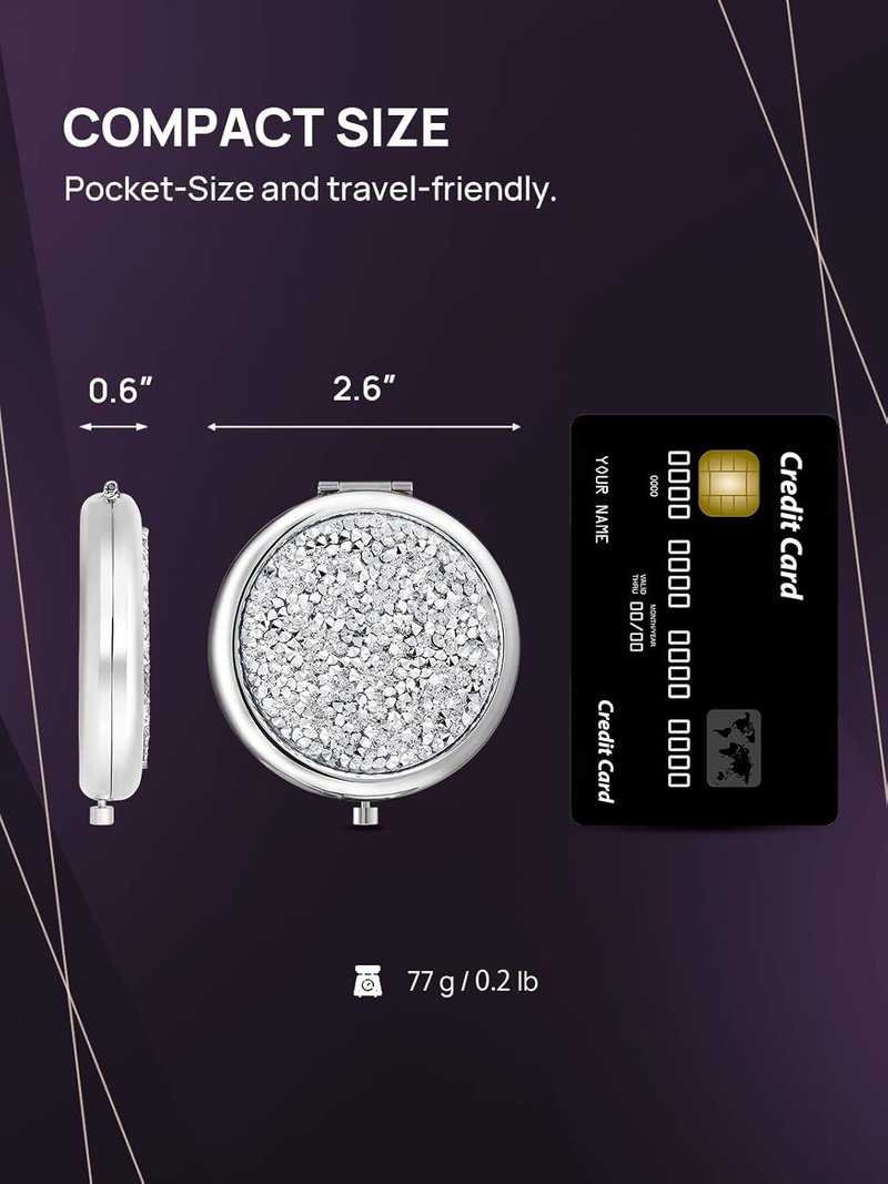 OMIRO Compact Magnifying Mirror - 1X/10X Dual Magnification | Perfect Gift for Women (Silver, Mixed Diamond)