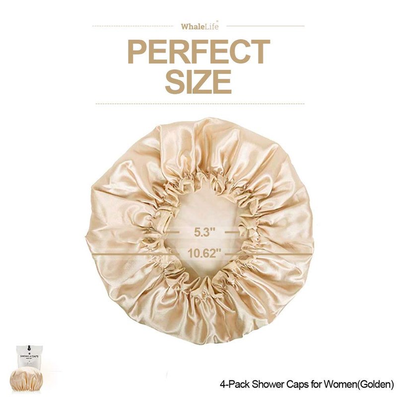 Shower Cap for Women Reusable Extra Large Shower Cap for Men (Golden 4 Pack Large) Satin Double Layer EVA Waterproof Long Hair Cap