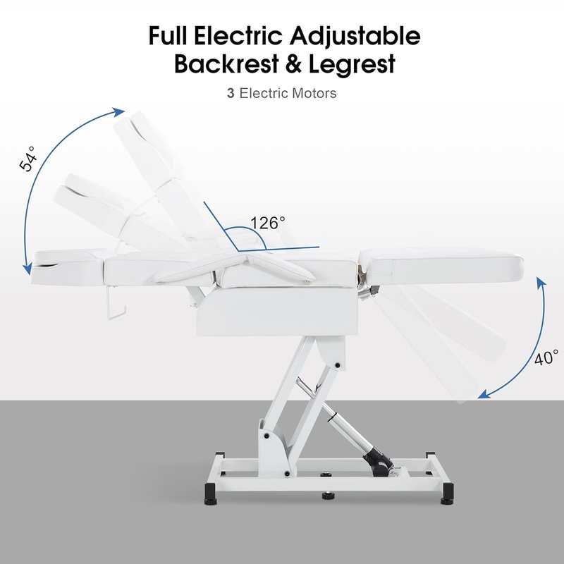 BarberPub Fully Electric Facial Bed with 3 Motor for Esthetician, Tattoo Chair for Client, Massage Bed for Esthetician, Electric Adjustment 2751 (White)