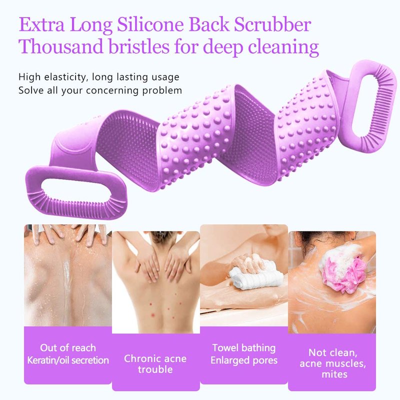Inmorven Exfoliating Back Scrubber for Shower with Handles, 30 Inch Double-Sided Back Exfoliator Body Scrub Towel, Exfoliating Washcloth Bath Tool for use in Shower, Clean Skin for Men & Women(Purple)