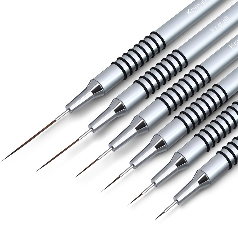Metallic Nail Art Brushes - 6-Piece Non-Slip Liner Brush Set for UV Gel Polish | Fine Detailing Sizes 5-25mm (Silver)