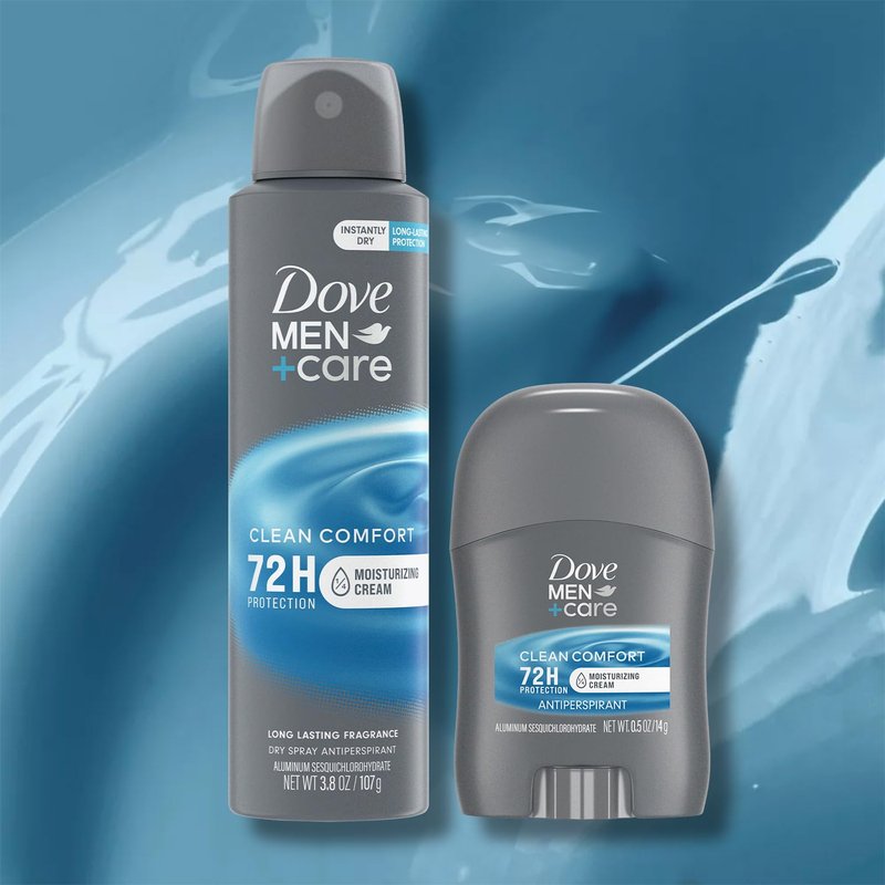 Dove Men+Care Dry Spray Antiperspirant for Men 4-Pack (3.8 Oz Ea) + Travel Deodorant Stick (0.5 Oz) – 72H Protection, Long-Lasting Clean Comfort Fragrance
